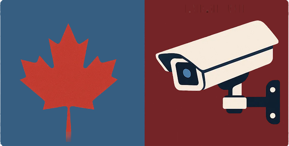 A red maple leaf on the left side and a surveillance camera on the right side